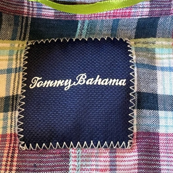 Tommy Bahama Mens Medium 100% Linen Plaid Button Shirt Pink Blue Teal - Picture 5 of 14
